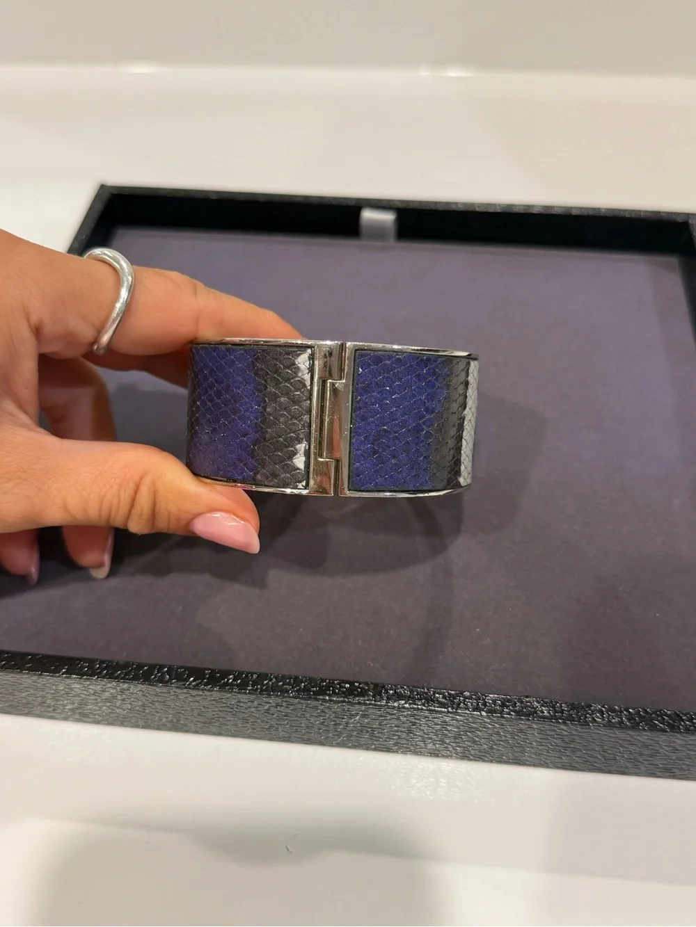 Henri Bendel Blue Snakeskin Hinged Cuff Bracelet Silver Tone Crystal Accent